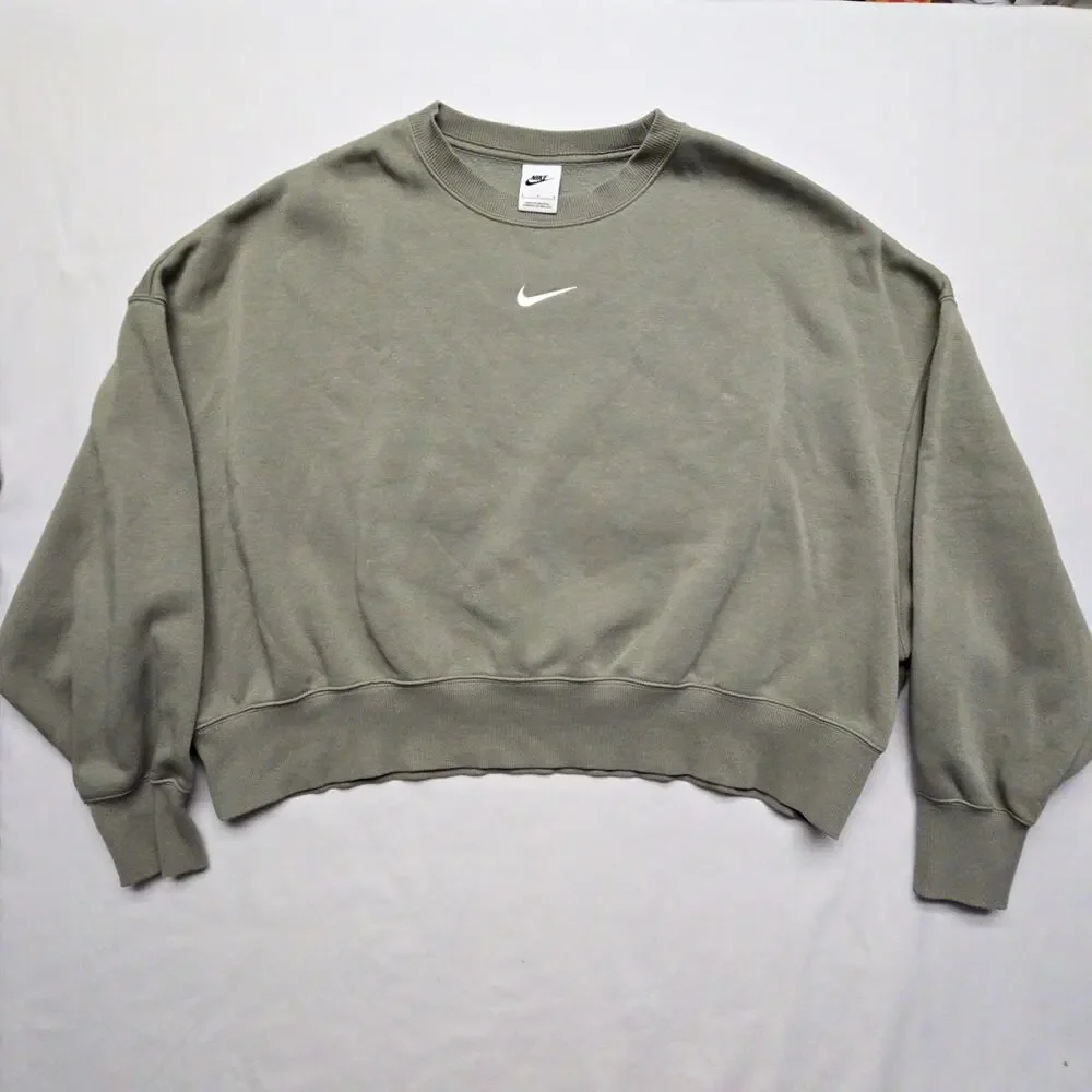 Nike Crew Neck Cropped Sweatshirt Olive Green Womens L Oversized Pullover Casual